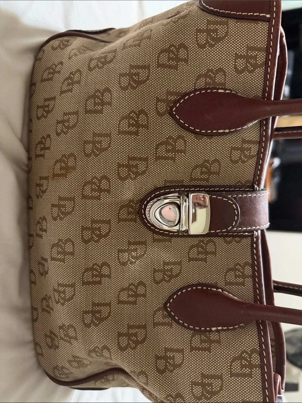 Dooney & Bourke Brown Logo-Print Canvas Tote with Dark Brown Leather Trim